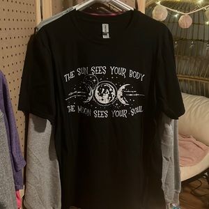 The sun sees your body the moon sees your soul screen printed tshirt. Brand new